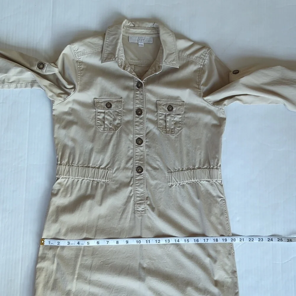 Ann Taylor Loft Khaki Safari Button Tab Sleeve Collared Dress SP Tan Pockets - Picture 14 of 16
